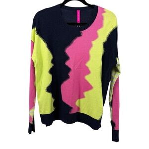 Vibrant Pink and Yellow Crew Neck Sweater with Dynamic Design